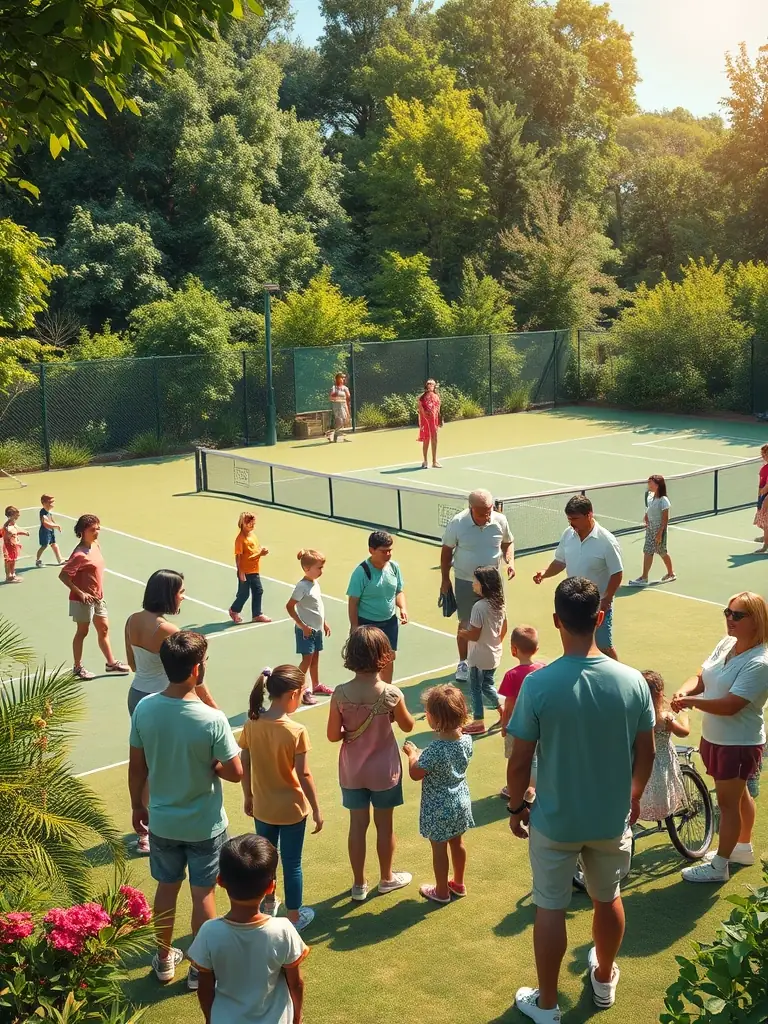 A lively social gathering on the tennis courts with families, children, and volunteers enjoying activities together. The image should show the club's community spirit and inclusivity.