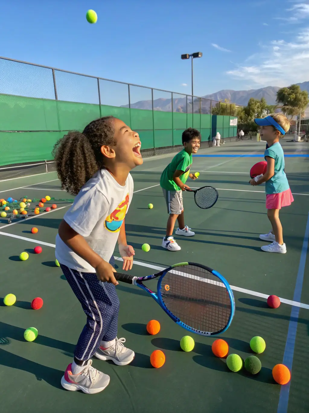 A group of children participating in a tennis camp, learning basic tennis skills and having fun under the guidance of instructors. The image should highlight the club's commitment to youth development.