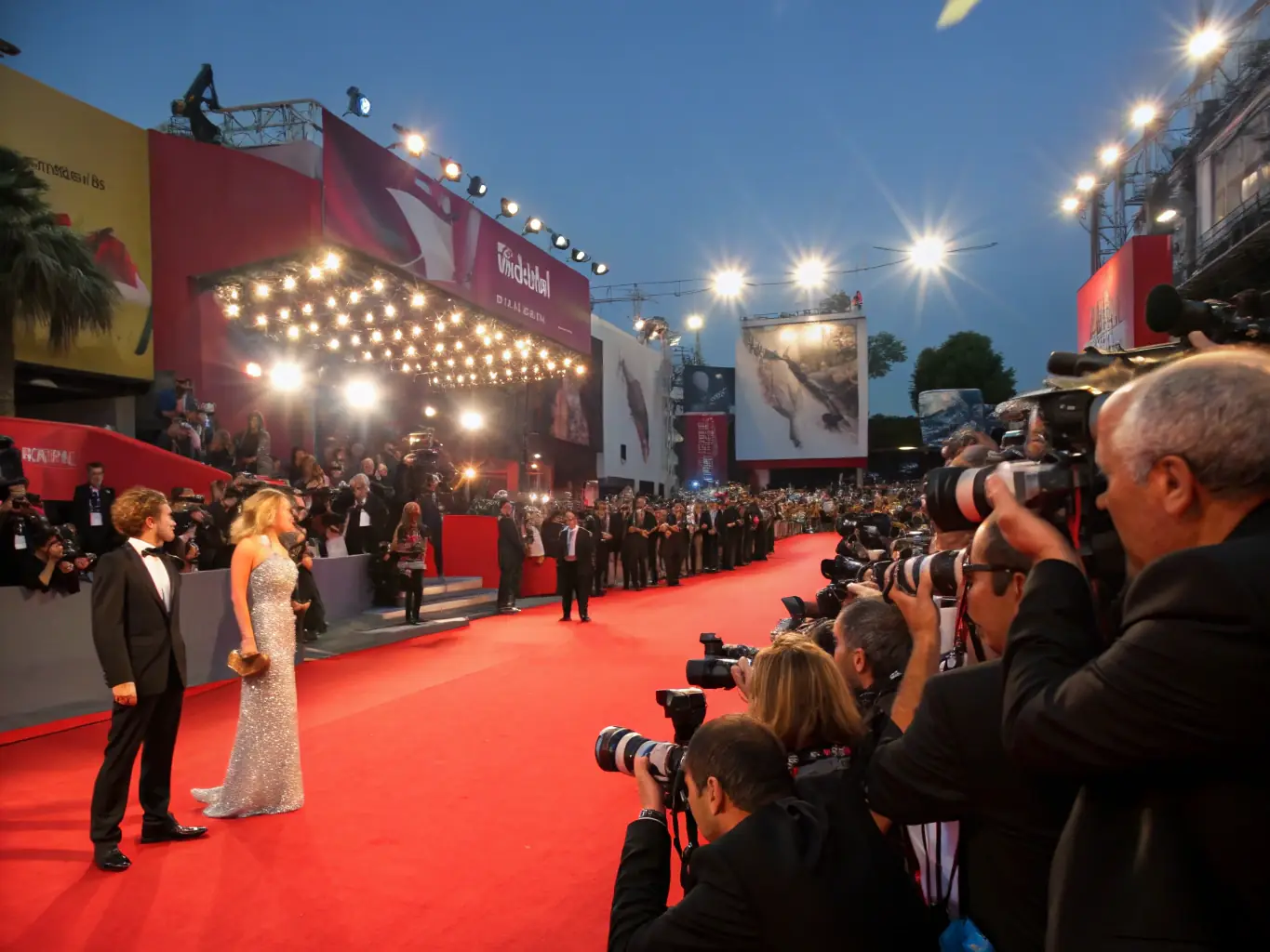 A lively event with a red carpet, audience, and film banners, capturing the excitement of a mini-festival or gala evening hosted by Les Amis du Cinéma - Chamonix.