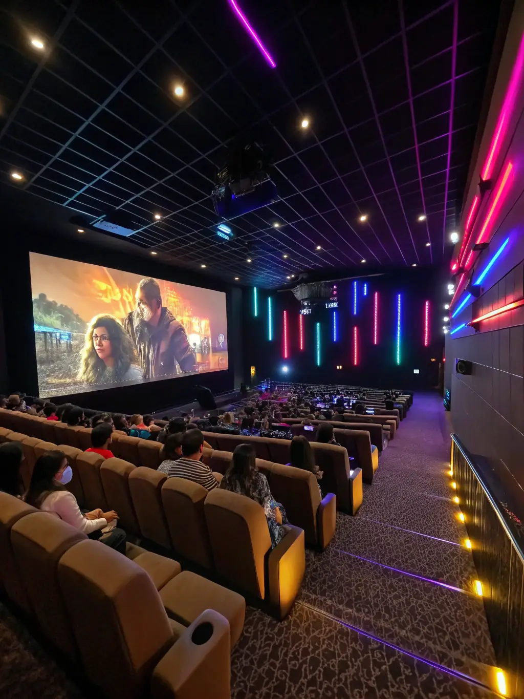 A brightly lit cinema hall during a film screening, with a diverse audience attentively watching the screen. The atmosphere is engaging and immersive, capturing the essence of a community film event.