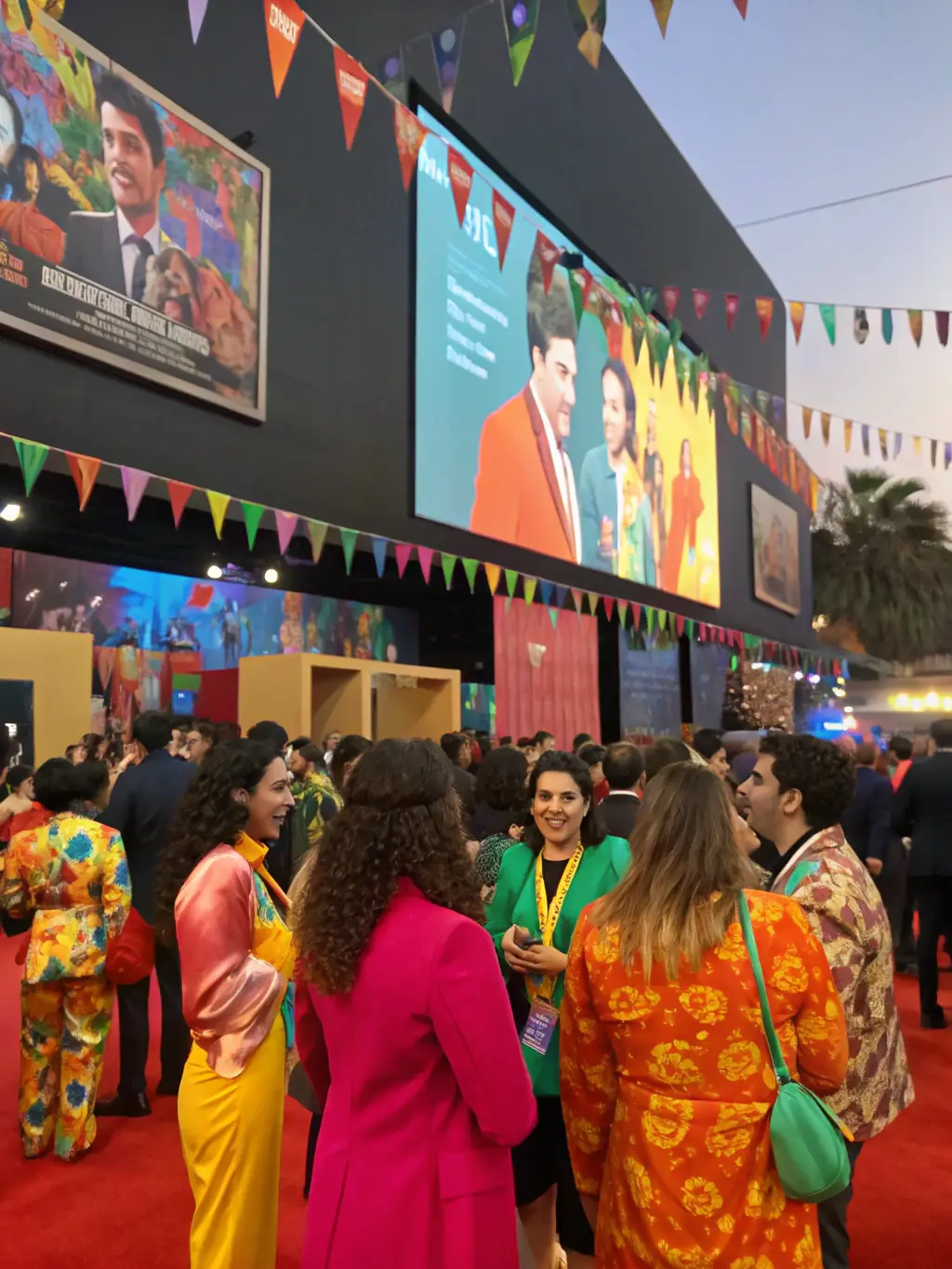 A vibrant scene from a mini-film festival in Chamonix, featuring filmmakers, attendees, and stalls showcasing film-related merchandise. The event is lively and engaging, promoting community spirit.
