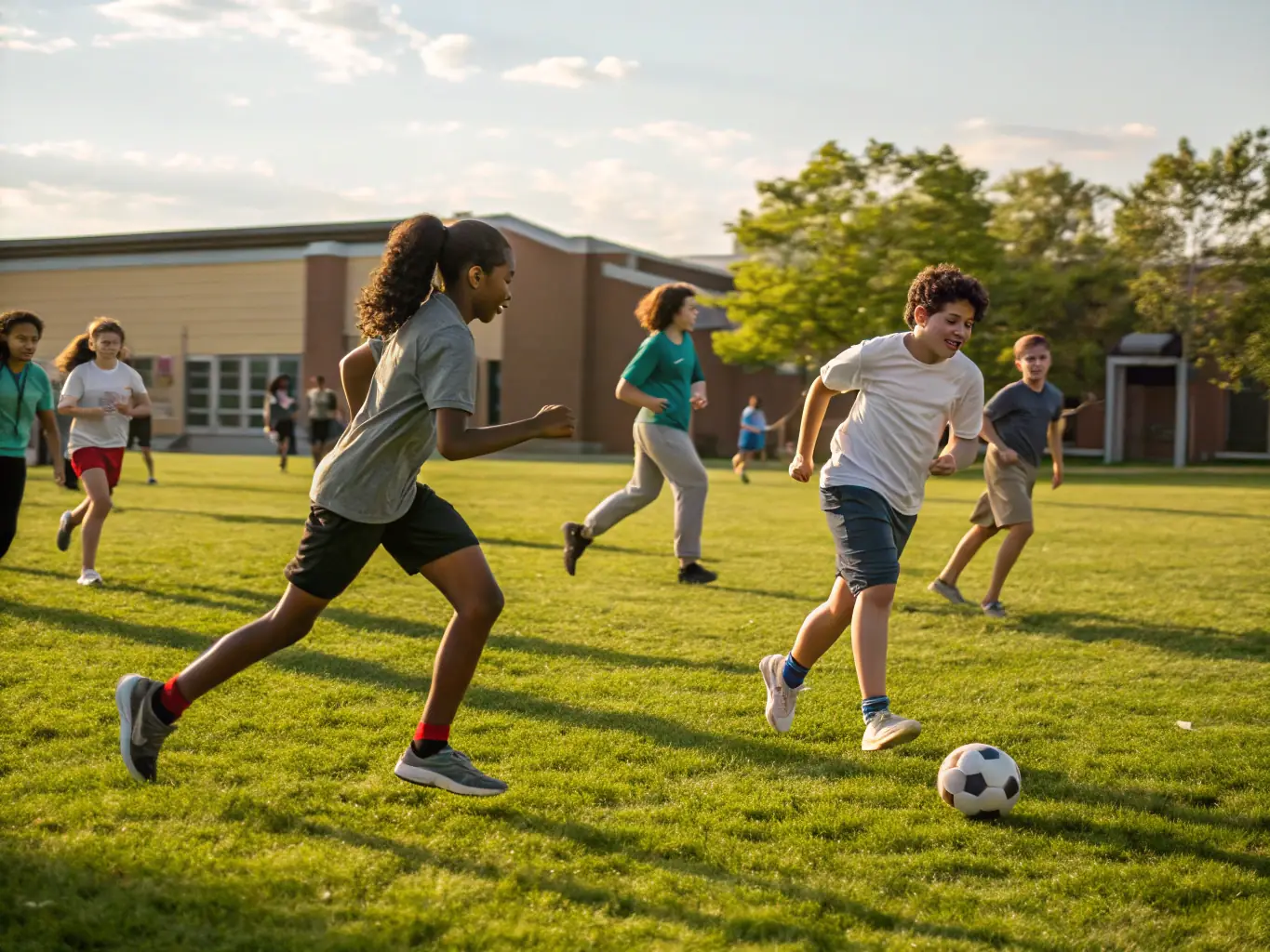An image showing students participating in a sports activity, emphasizing the importance of physical activity and teamwork promoted by ADPEP.