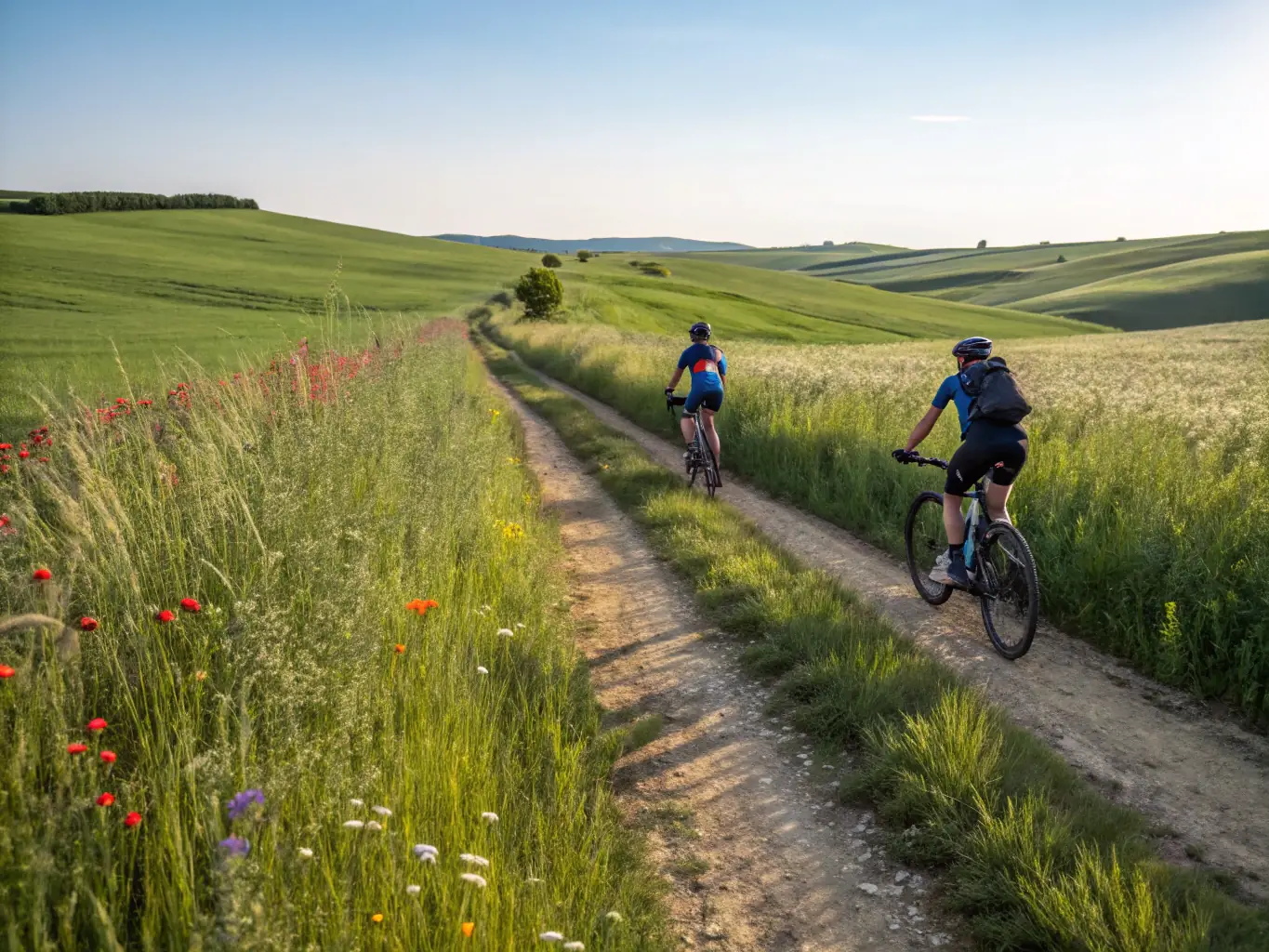 A group of cyclists enjoying a leisurely ride through the countryside, highlighting the cycle touring activities offered by CLM, emphasizing the social and recreational aspects of cycling.