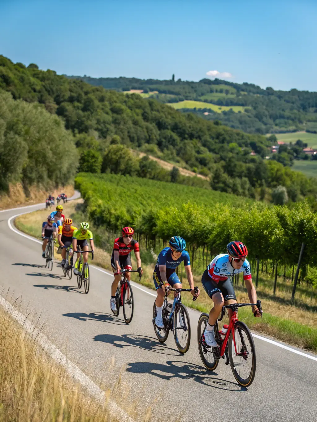 A group of cyclists wearing FSGT (Fédération Sportive et Gymnique du Travail) jerseys, riding on a paved road through a rural landscape. They are part of the Corbas Lyon Métropole club.