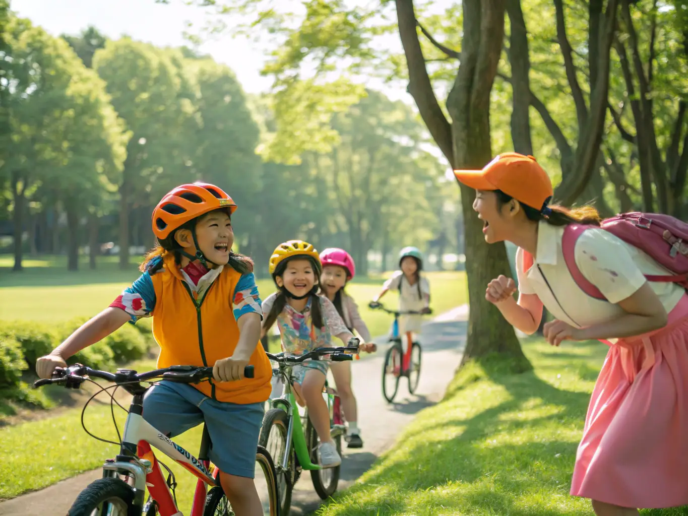 Young children learning to ride bikes with instructors in a safe, supervised environment, representing the cycling school for youth at CLM, focusing on safety, skill development, and fostering a love for cycling.