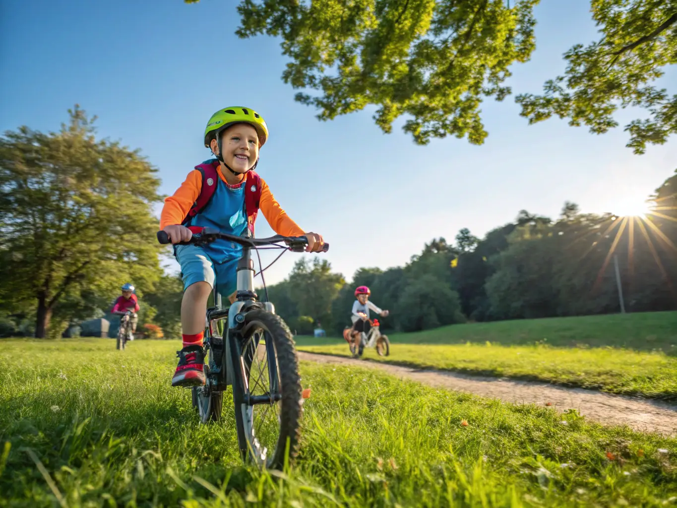 Young children learning to ride bikes with instructors in a safe, supervised environment at the CLM cycling school. The image should highlight the fun and educational aspects of the program.
